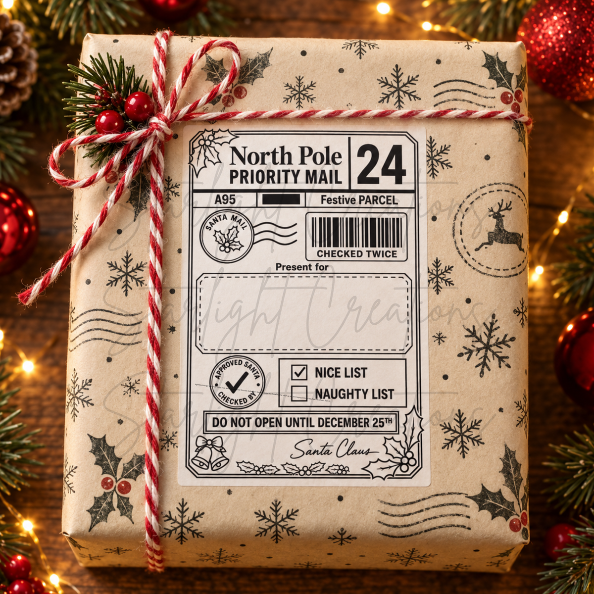 A Christmas-themed gift box wrapped in brown kraft paper with snowflakes and holly patterns, tied with red-and-white striped string. The front has a large novelty shipping label reading 'North Pole Priority Mail' and 'Festive Parcel,' surrounded by holiday greenery, ornaments, and warm string lights on a wooden surface.