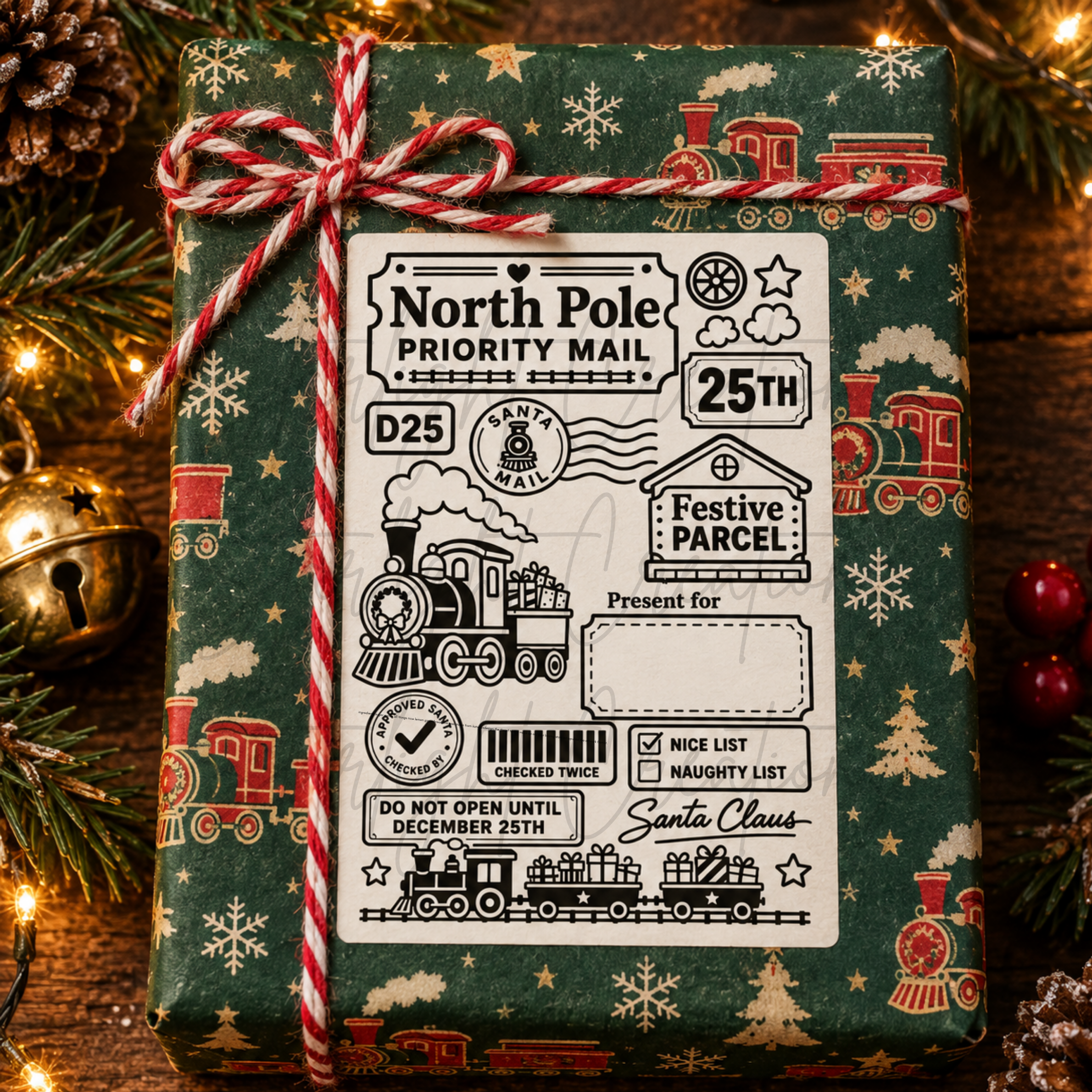 A Christmas-themed gift box wrapped in dark green paper with red and gold train illustrations, tied with a red-and-white striped string. The front has a large white label reading 'North Pole Priority Mail' with postmark and holiday graphics, set on a rustic wooden surface with pine branches and ornaments around it.