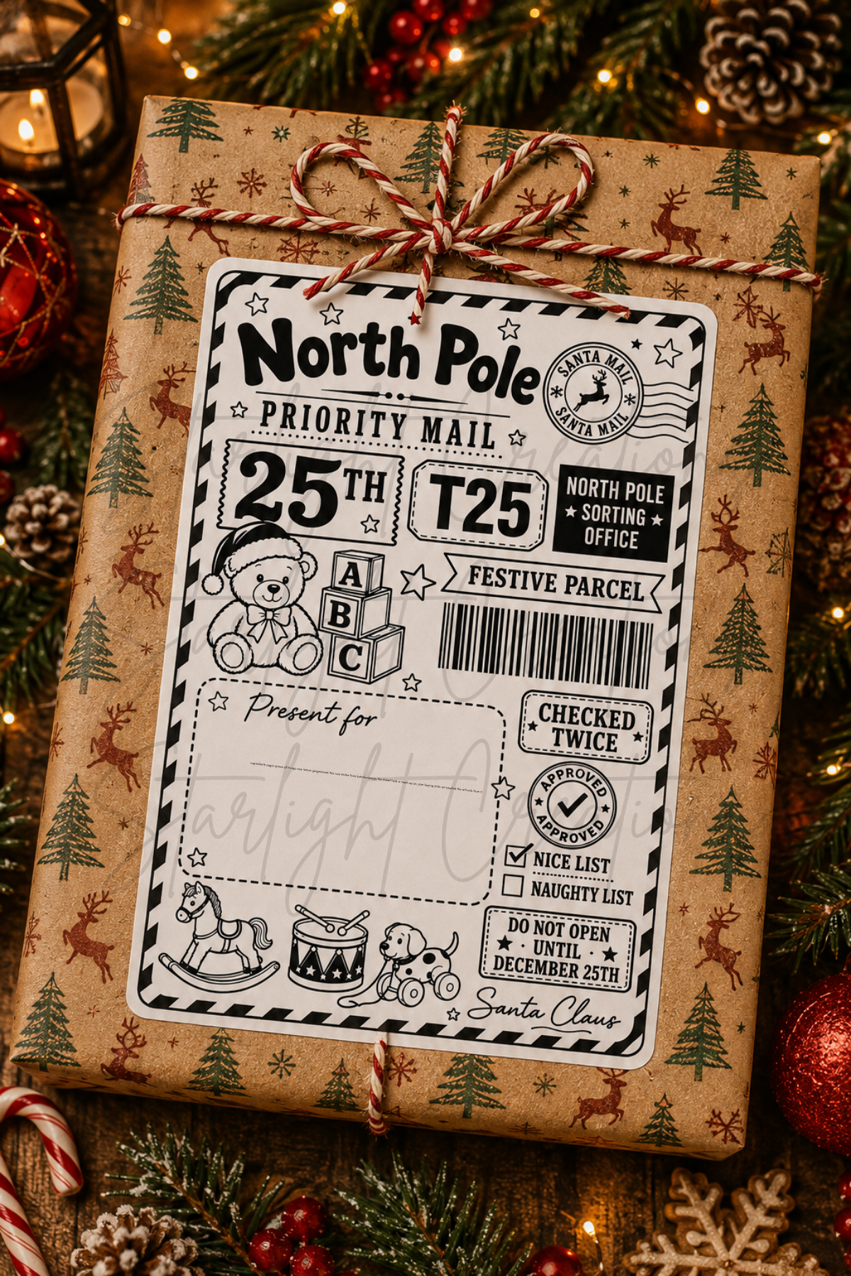 A wrapped gift box tied with a red-and-white string, covered in brown kraft paper printed with Christmas trees and reindeer, featuring a large vintage-style North Pole priority mail label on the front.
