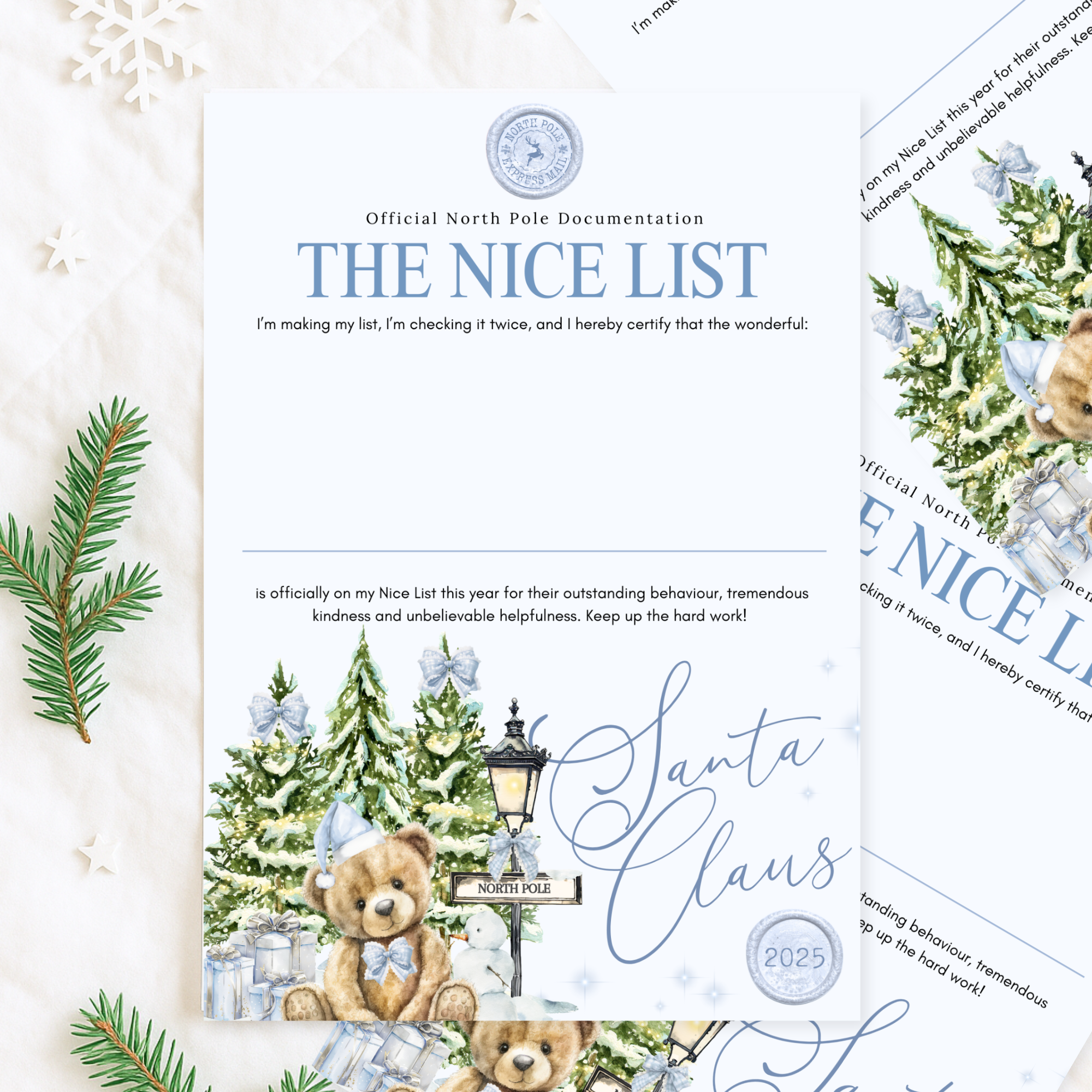 Blue Bear Personalised Christmas Eve Box Certificate | Letter from Santa & Nice List