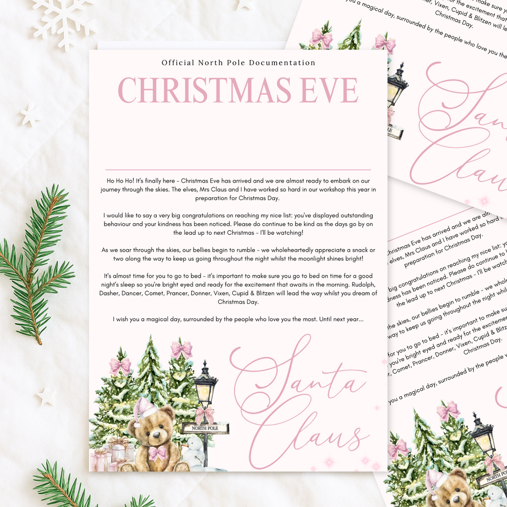 Christmas Eve certificate: Personalised Christmas Eve certificate with pink teddy bear and North Pole sign design