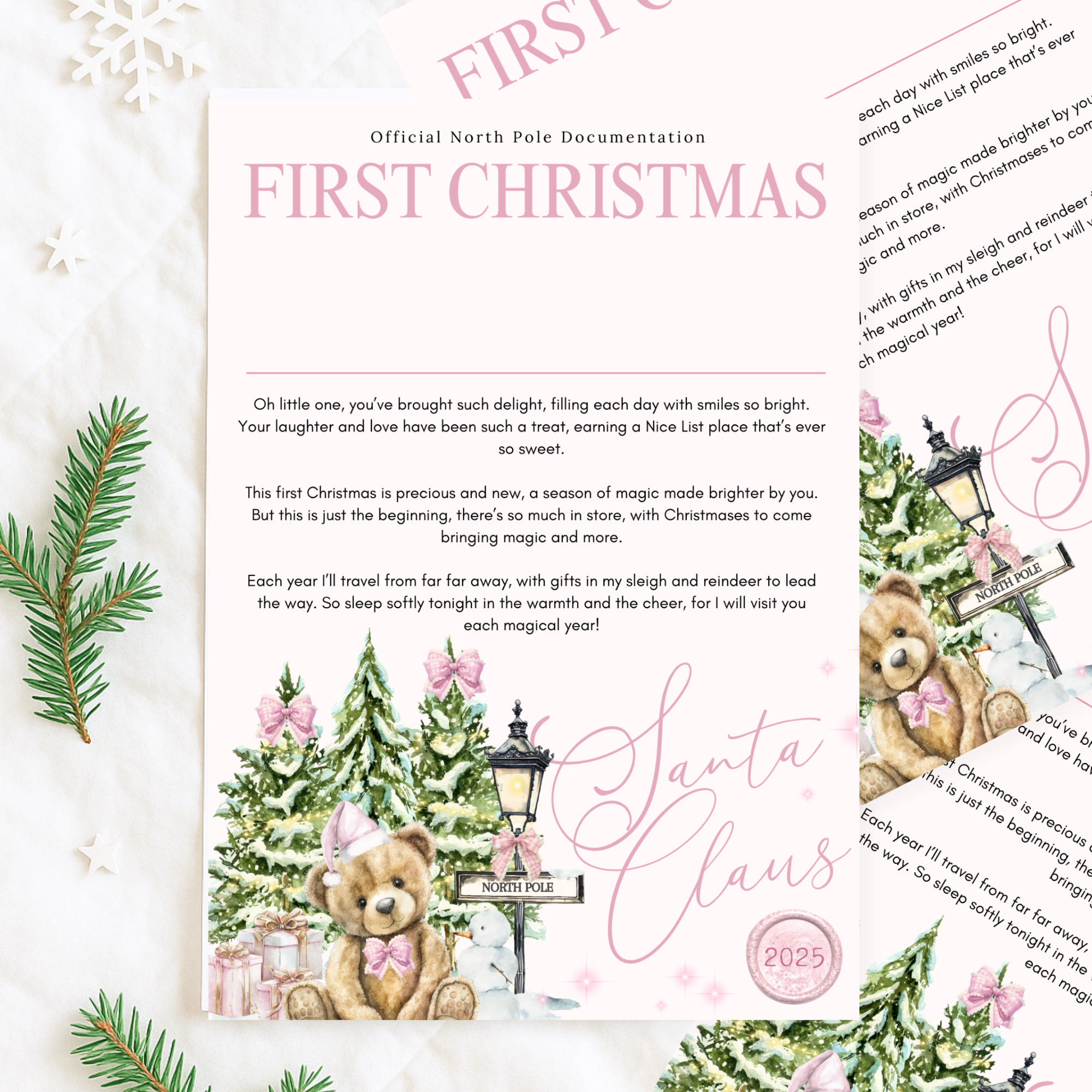 First Christmas / Letter design: Personalised first Christmas letter from Santa with pink teddy bear design, Christmas Eve box keepsake