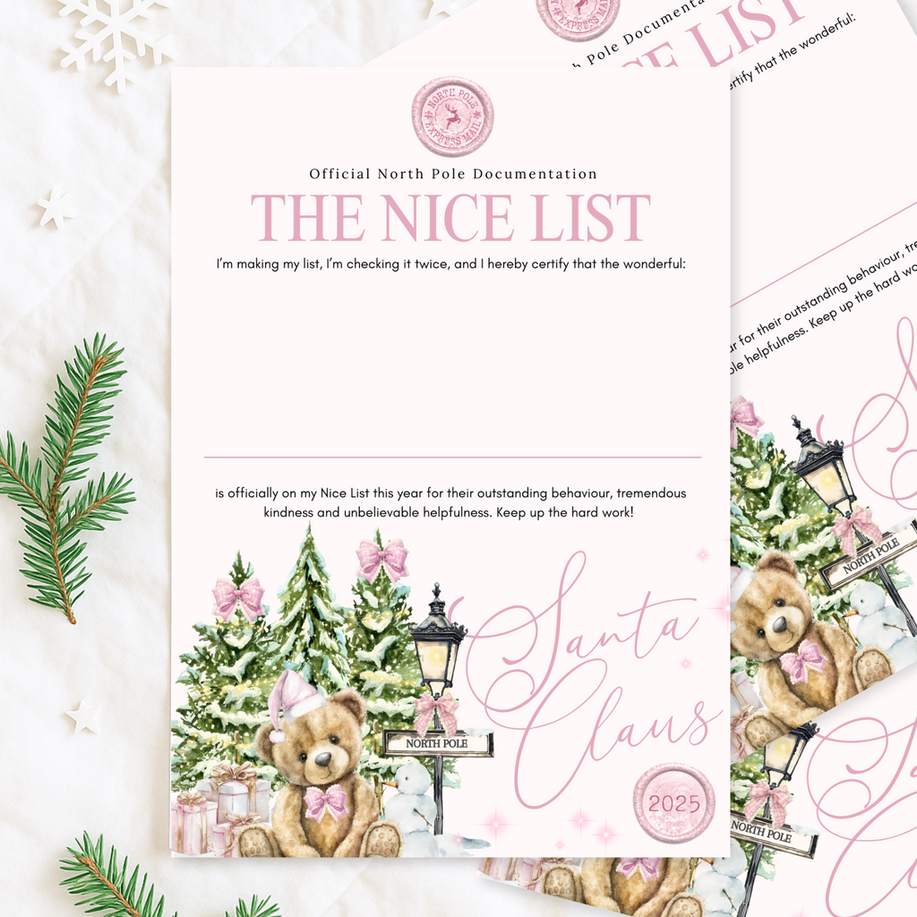Nice List certificate: Personalised Nice List certificate with pink teddy bear design, Christmas Eve box certificate from Santa