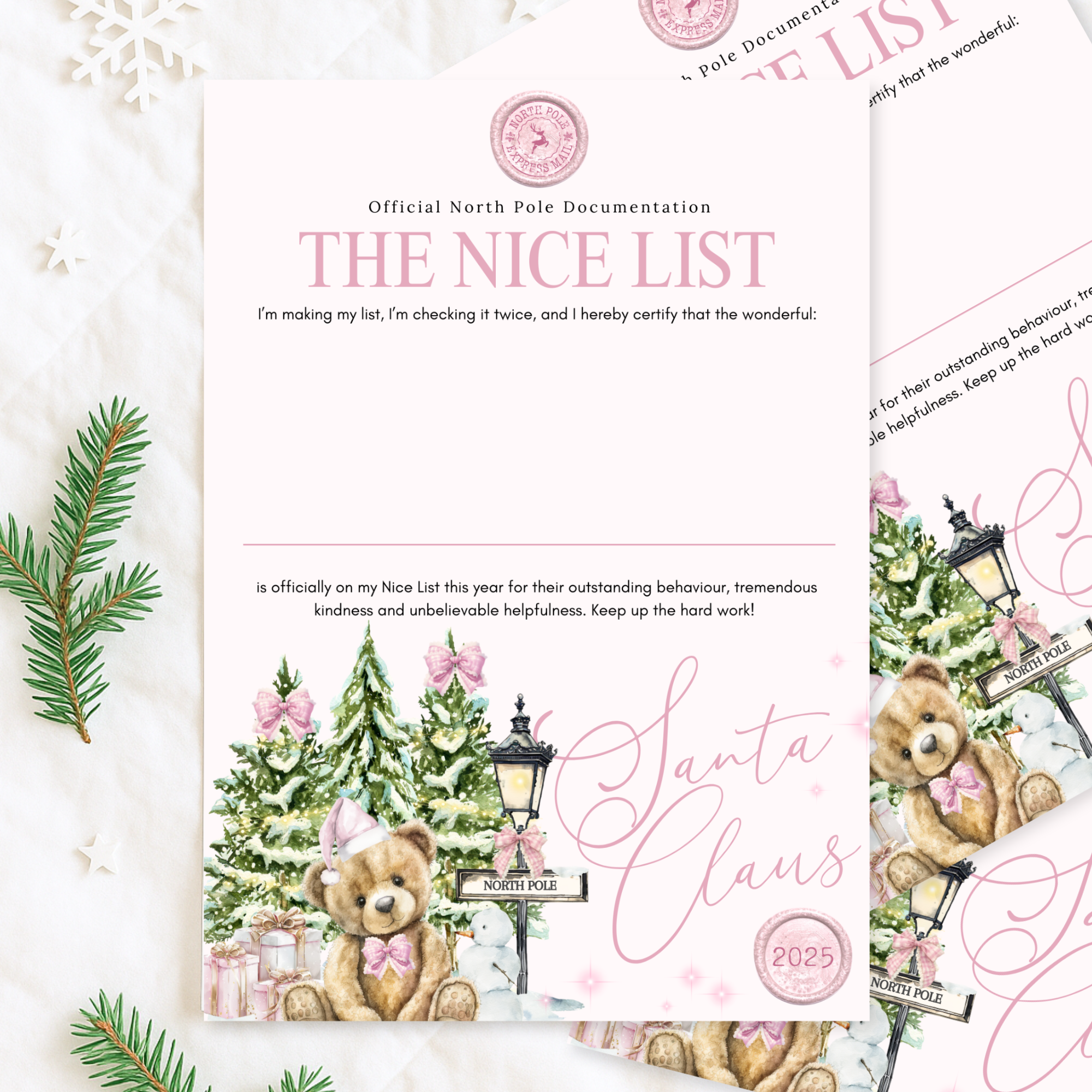 Nice List certificate: Personalised Nice List certificate with pink teddy bear design, Christmas Eve box certificate from Santa