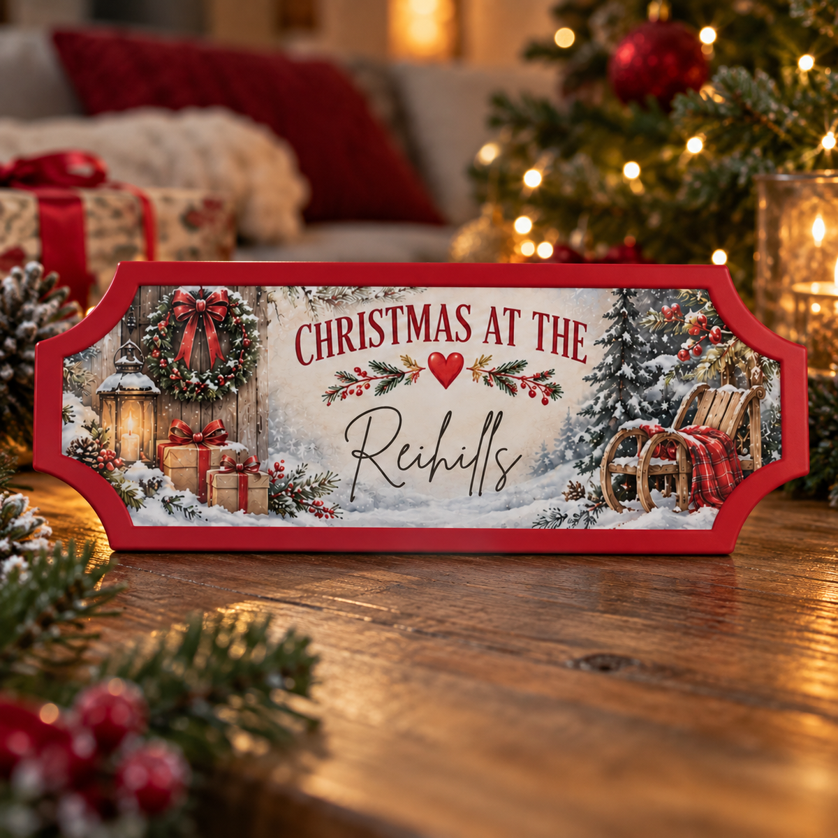 Christmas personalised sign, Wreath design, reading Christmas at the Reihills