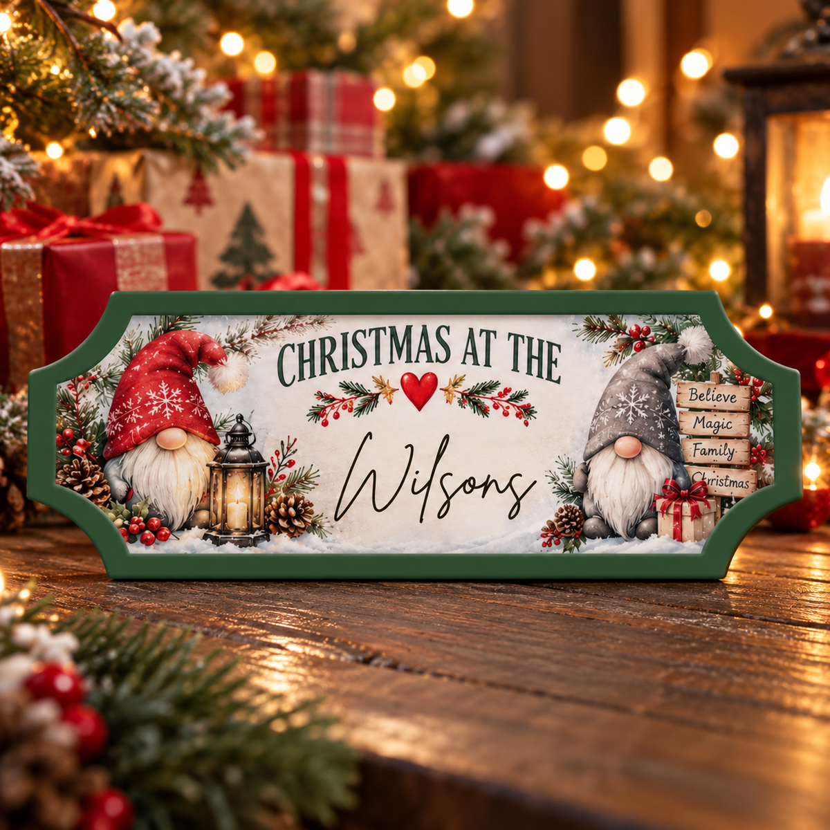 Christmas personalised sign, gnome design, reading Christmas at the Wilsons