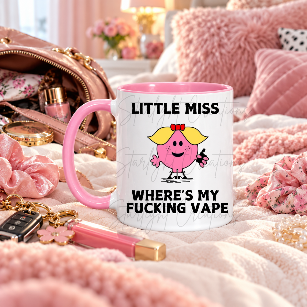 funny christmas mug with where’s my f***ing vape design, pink handle, little miss