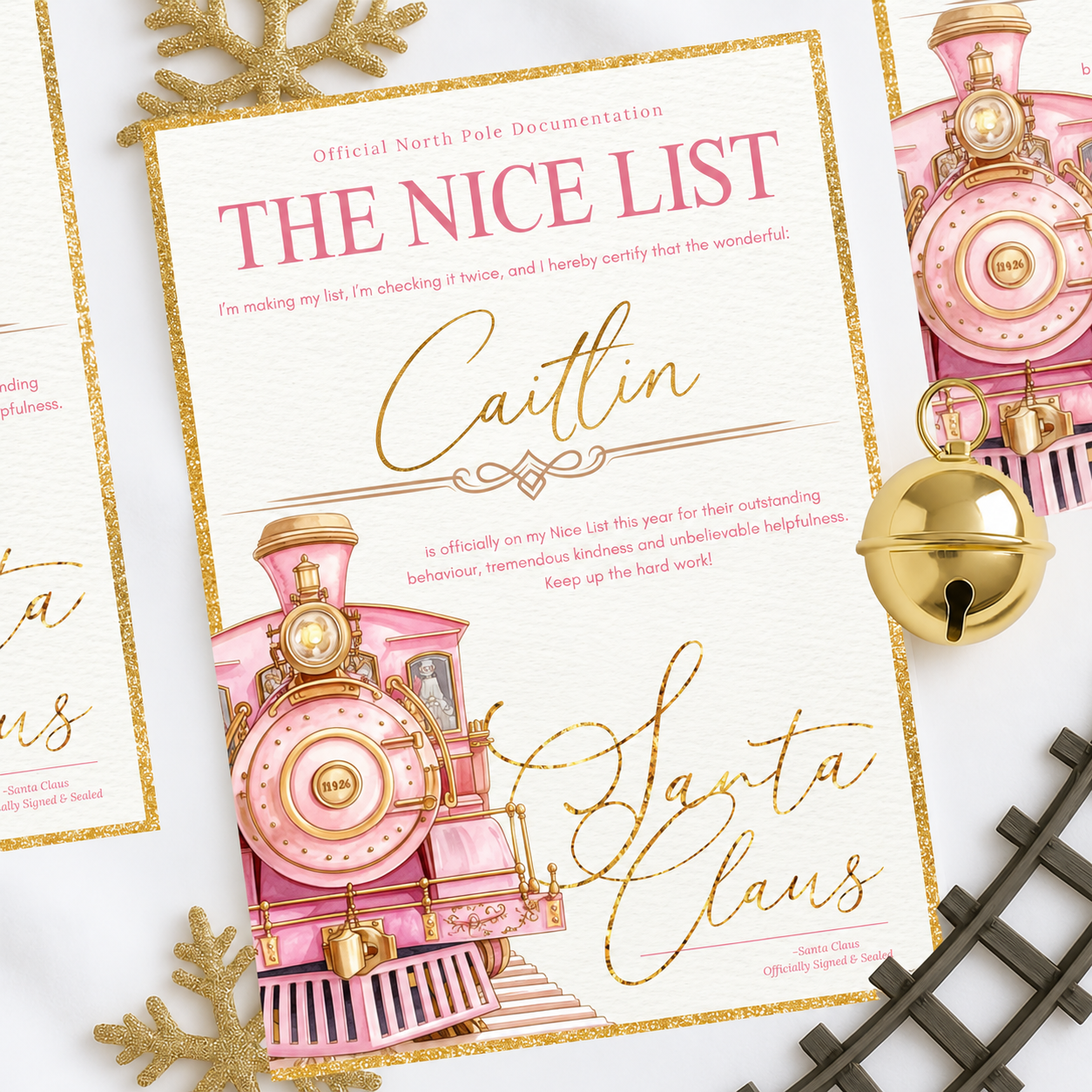 Personalised Nice List certificate with pink Christmas train design, signed by Santa Claus