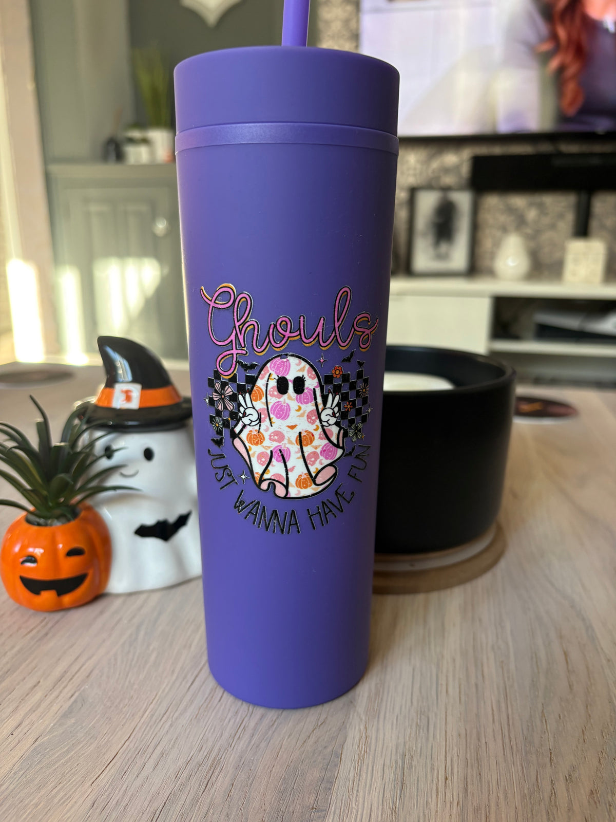 Matte purple 16oz skinny cute Halloween tumbler with straw, pink “Ghouls just wanna have fun” design with a pumpkin-print ghost