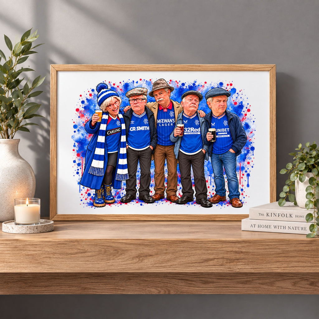 A framed watercolor art print depicting five men in blue sports jerseys and scarves, styled on a wooden shelf with books and potted plants against a gray wall.