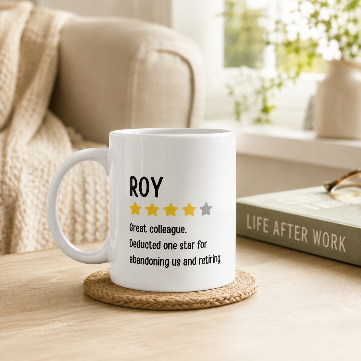 Personalised funny retirement mug with cheeky five-star review, retirement gift for coworkers and family
