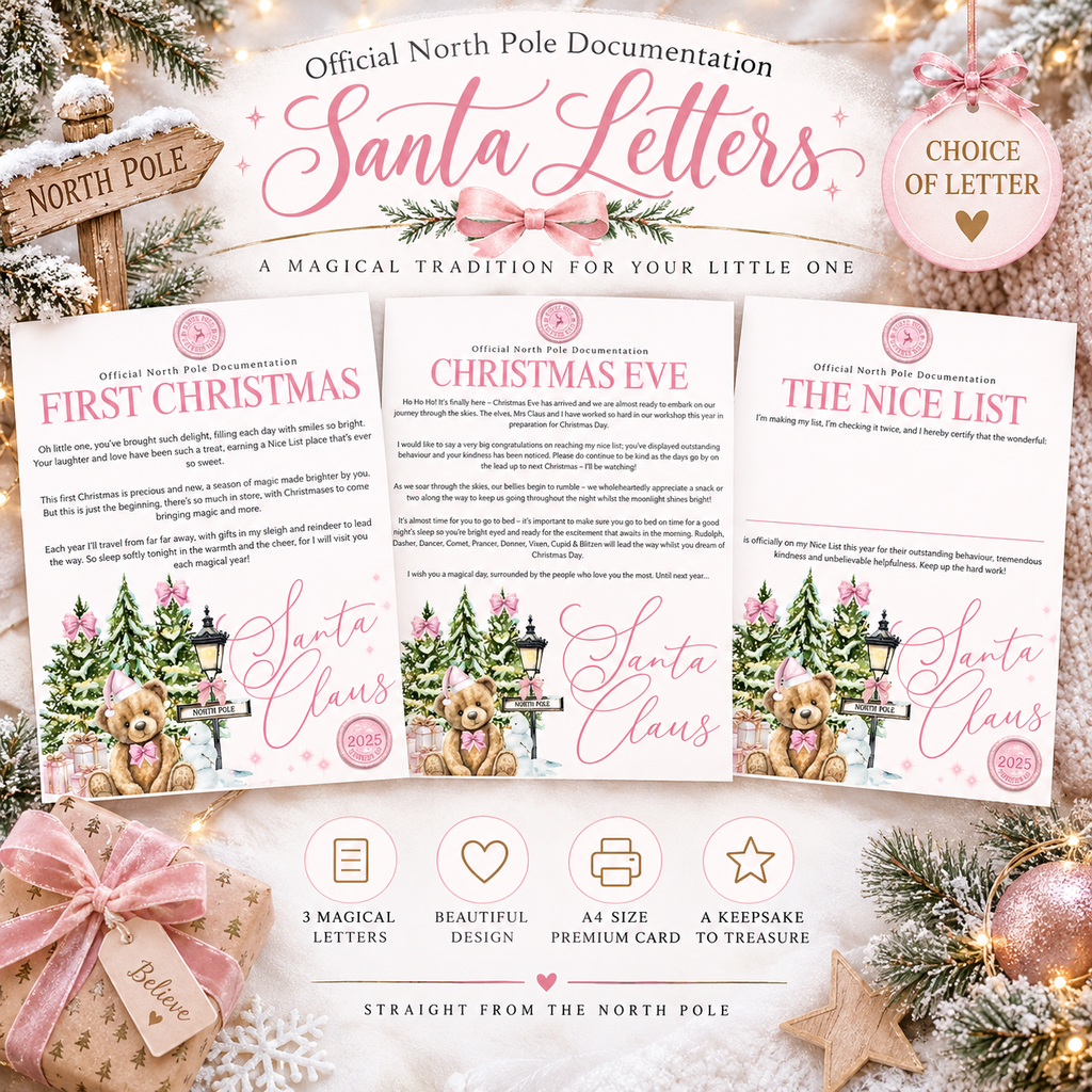 A styled flat-lay of three North Pole-themed Santa Letters cards displayed with decorative holiday props including pine branches, ornaments, a pink ribbon, and a wooden North Pole sign. The top banner reads 'Official North Pole Documentation Santa Letters' and includes a pink badge saying 'CHOICE OF LETTER'.