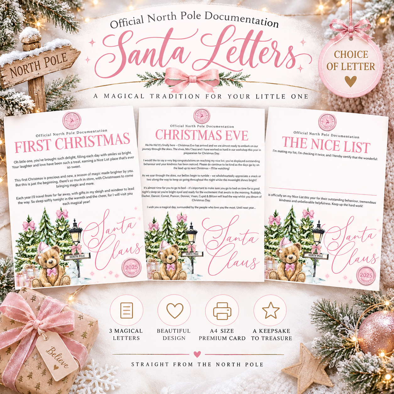 A styled flat-lay of three North Pole-themed Santa Letters cards displayed with decorative holiday props including pine branches, ornaments, a pink ribbon, and a wooden North Pole sign. The top banner reads 'Official North Pole Documentation Santa Letters' and includes a pink badge saying 'CHOICE OF LETTER'.