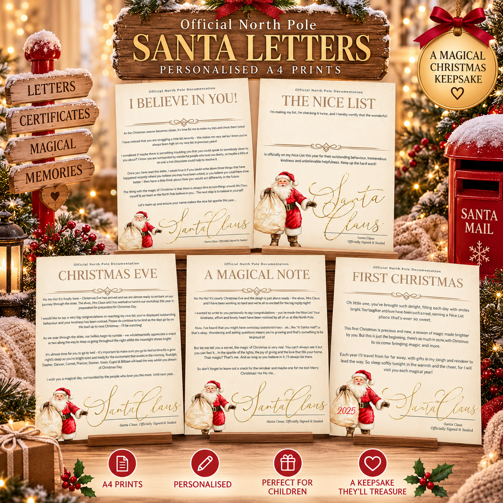 A set of five personalised Santa letters printed on cream paper with gold script and holiday illustrations, displayed in a festive Christmas setting with a red Santa Mail box, wooden signs, and holiday decorations.