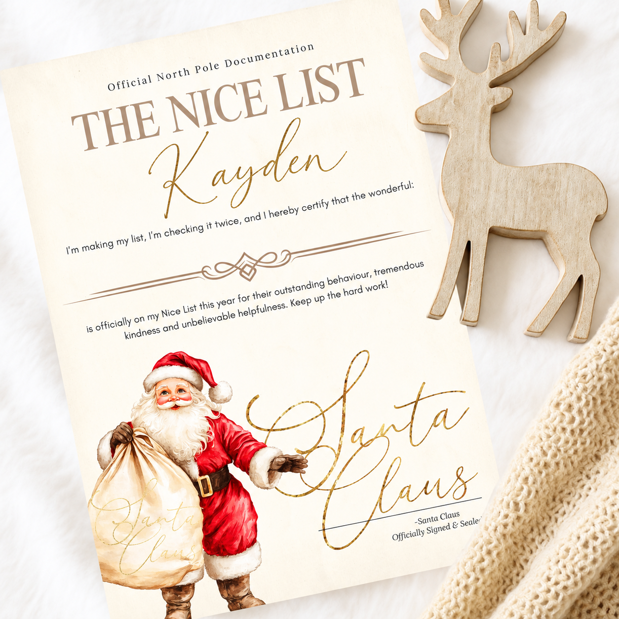 Personalised Nice List certificate from Santa with child's name in gold vinyl