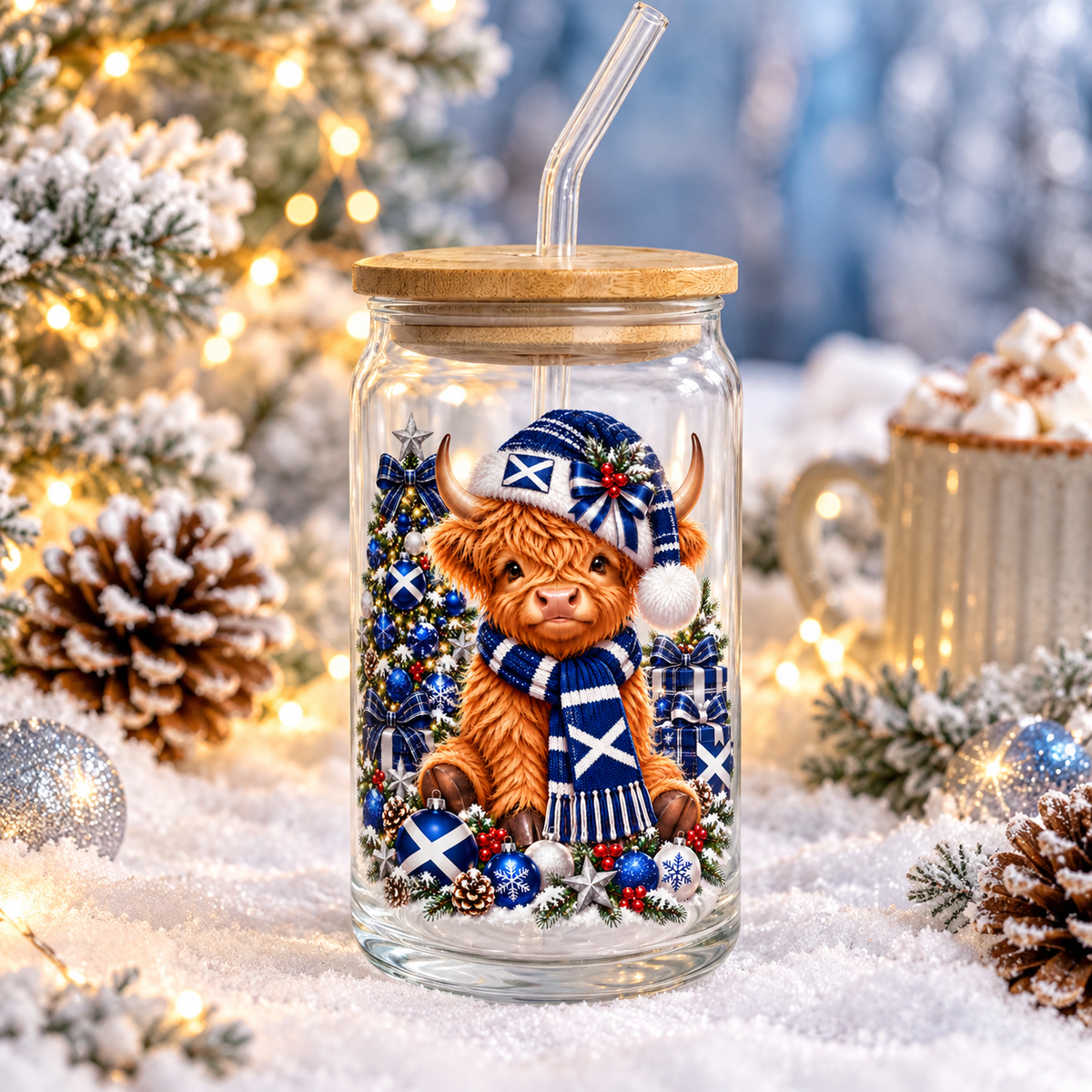 A clear glass jar tumbler with a bamboo lid and clear bent straw, decorated with a festive illustration of a Highland cow in a blue knit hat and scarf surrounded by Christmas trees and ornaments. The tumbler is set in a snowy, holiday-lit outdoor scene.
