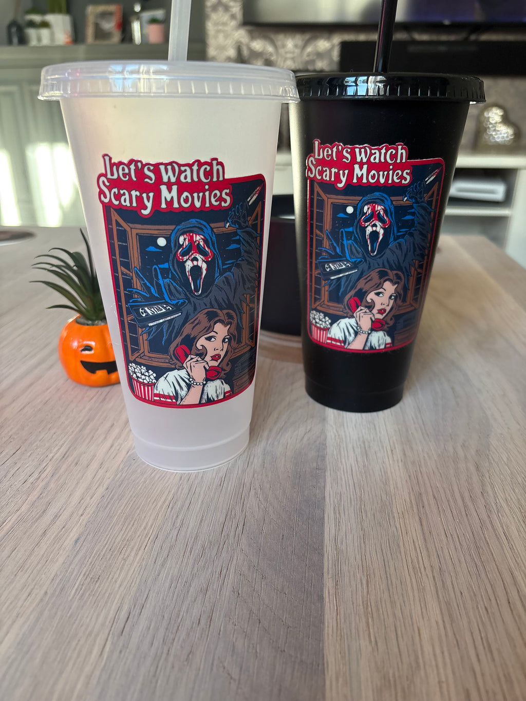 Frosted and black 24oz halloween cold cups with lids and straws, retro “Let’s watch scary movies” horror poster design
