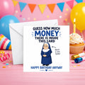 Funny birthday card for sister featuring cartoon nun pointing to herself as a money-guessing clue