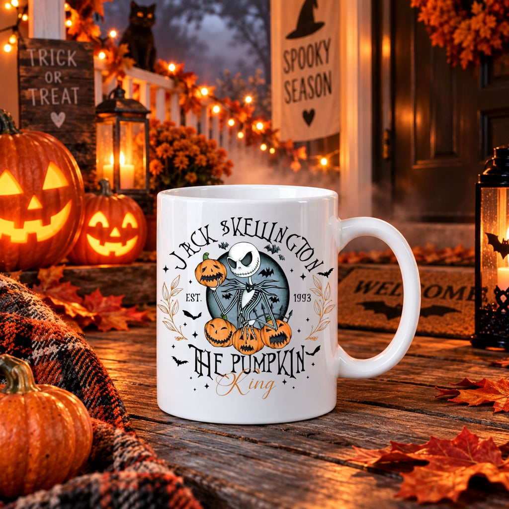 A white ceramic mug with a Jack Skellington 'The Pumpkin King' Halloween graphic, set on a rustic wooden table surrounded by autumn decorations, glowing jack-o'-lanterns, and a cozy fall atmosphere.