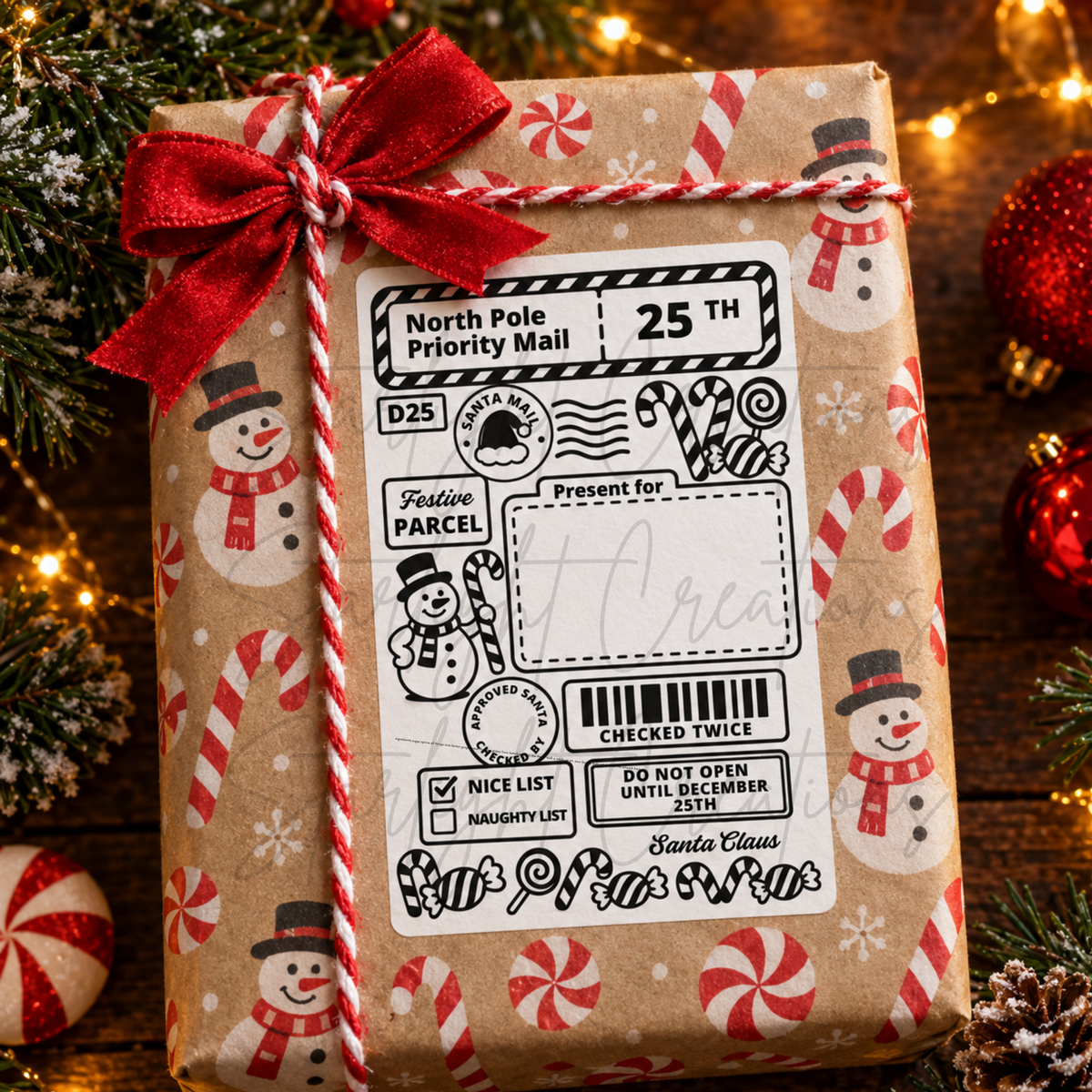 A Christmas-themed gift box wrapped in brown kraft paper with a red ribbon and bow, decorated with snowman and candy cane illustrations. The package is wrapped in red-and-white striped twine and has a mock 'North Pole Priority Mail' shipping label on the front.