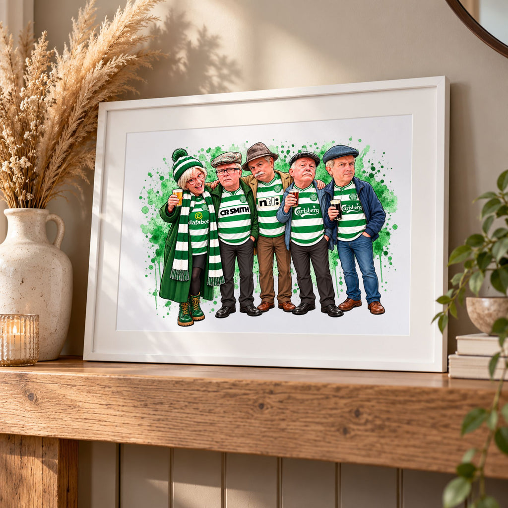A framed custom watercolor illustration of five men in green and white striped football jerseys, displayed on a wooden mantelpiece in a warm, decorated home setting.