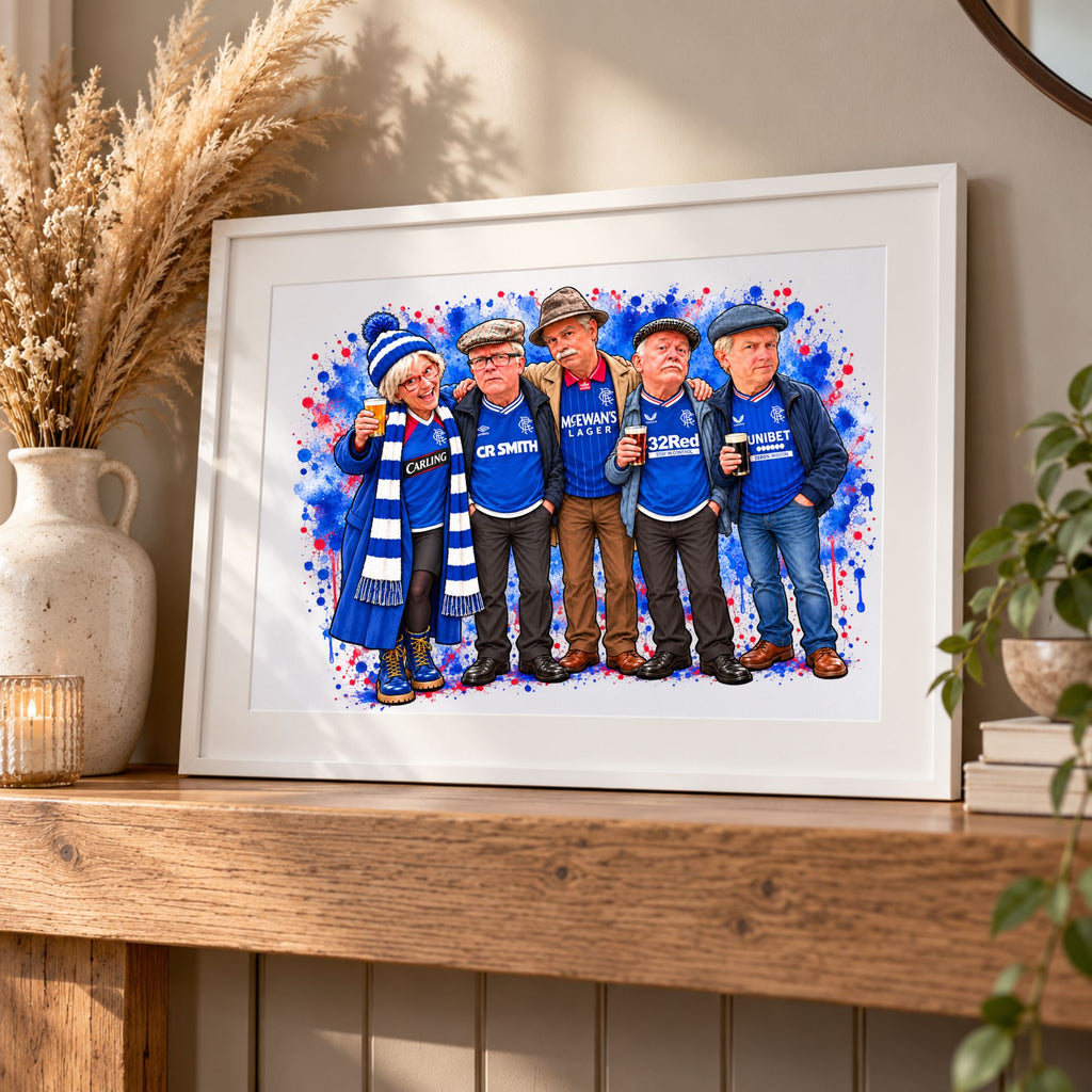 A framed custom watercolor print of five football fans wearing blue shirts and caps, styled on a wooden mantelpiece with dried grass and a plant.