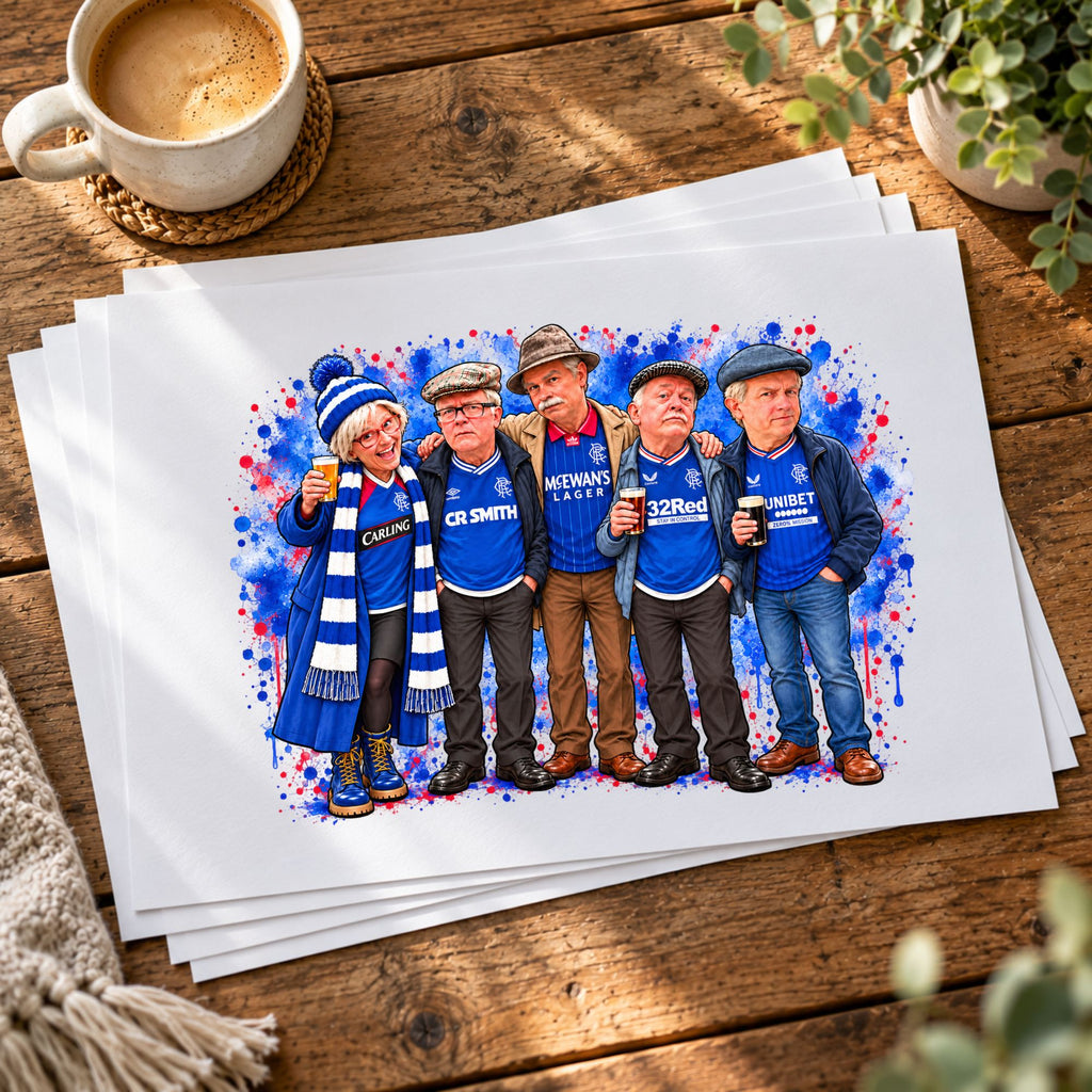 A stack of custom watercolor caricature prints of five football fans in blue Rangers jerseys, displayed on a rustic wooden table next to a cup of coffee.