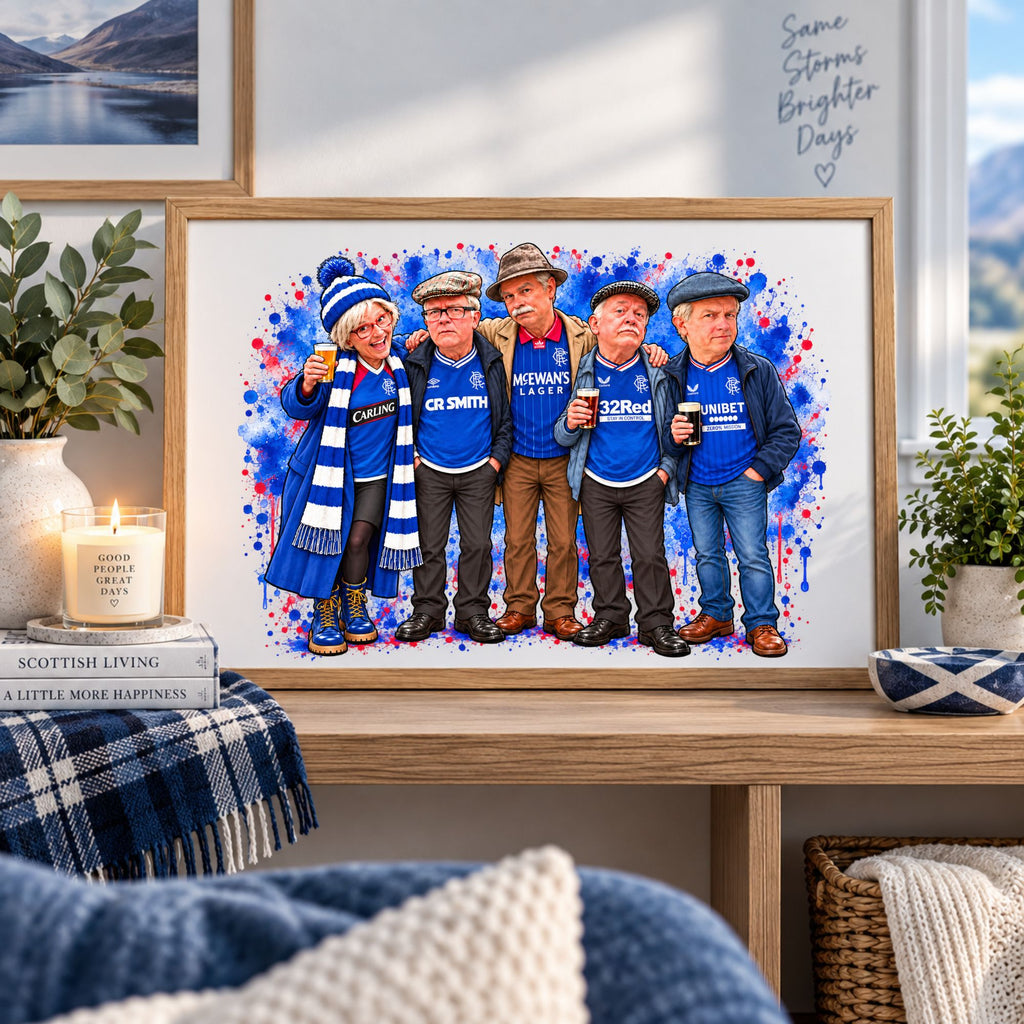 A framed custom watercolor-style print showing five men dressed in Scotland football supporter attire, displayed on a wooden shelf in a cozy living room setting.