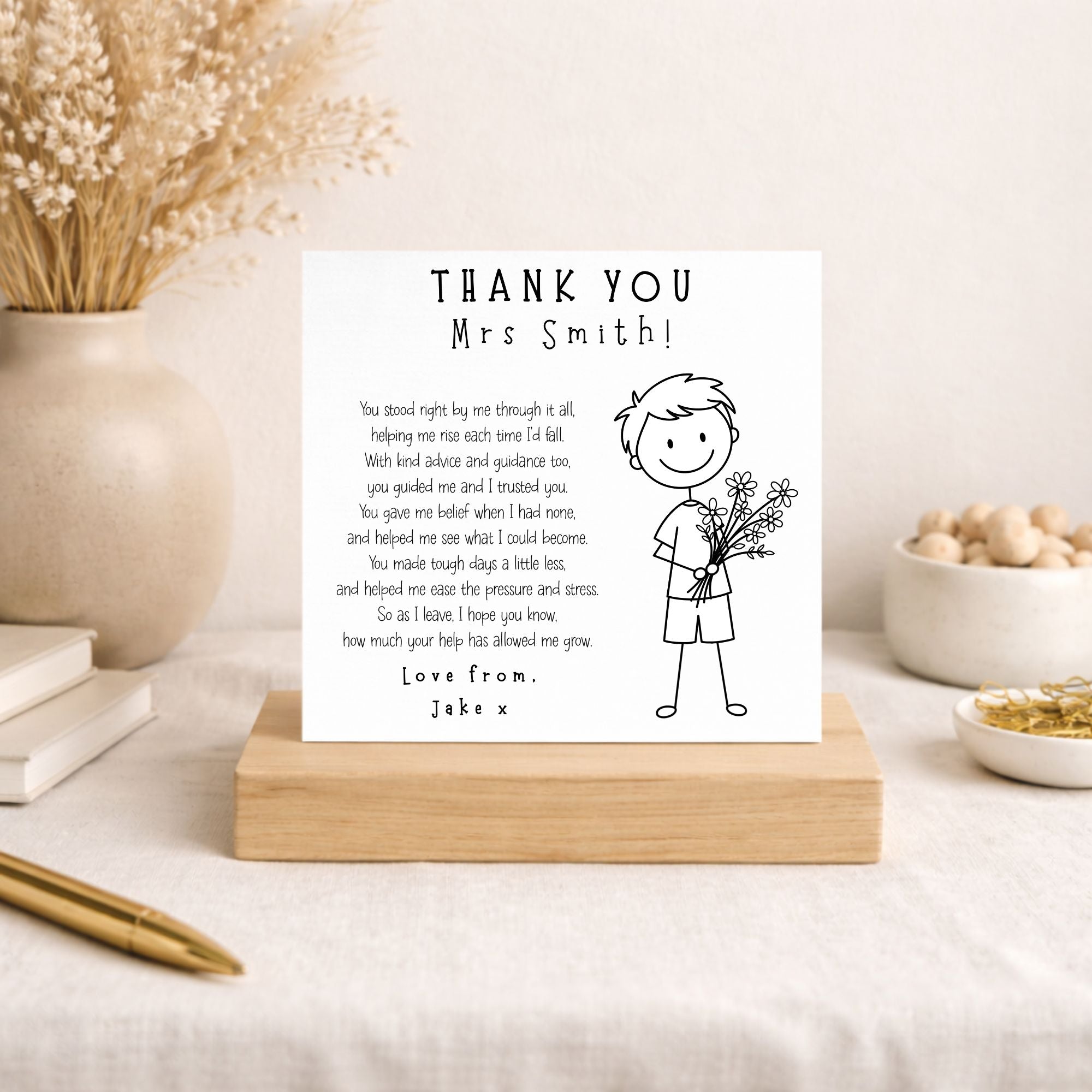 Thank you card for a teacher on a wooden stand with decorative elements.