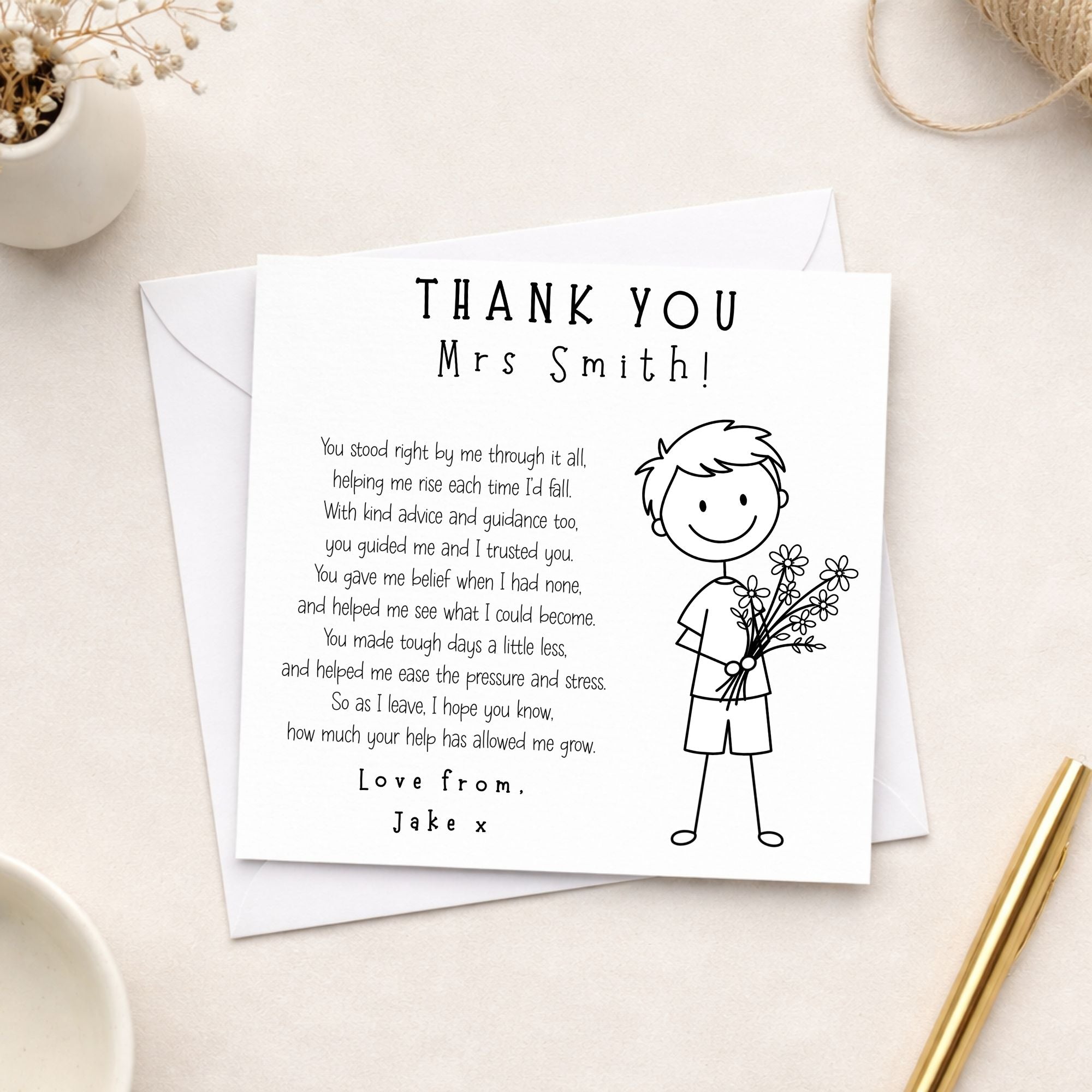 Thank you card for a teacher with a message and a drawing of a child holding flowers, on a light surface.