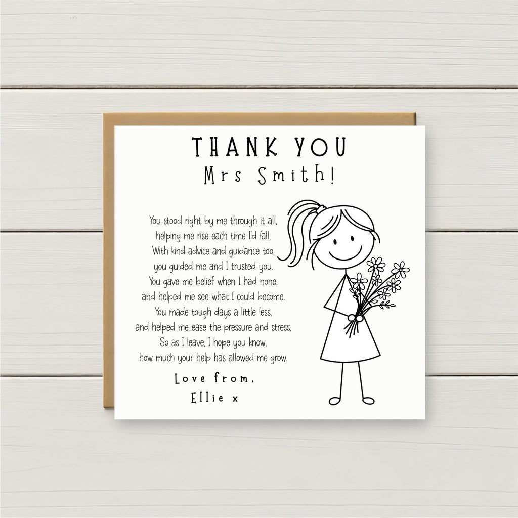 Thank you card for a teacher with a stick figure holding flowers on a wooden background