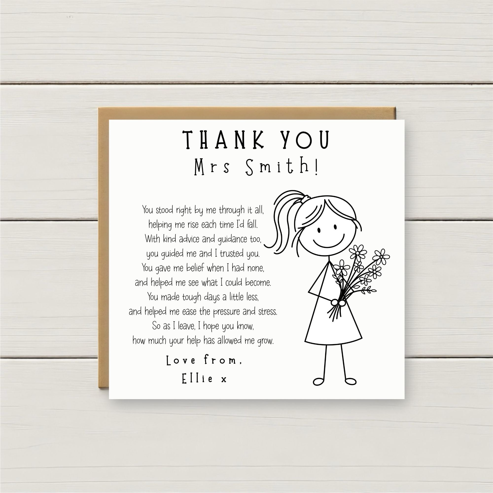 Thank you card for a teacher with a stick figure holding flowers on a wooden background