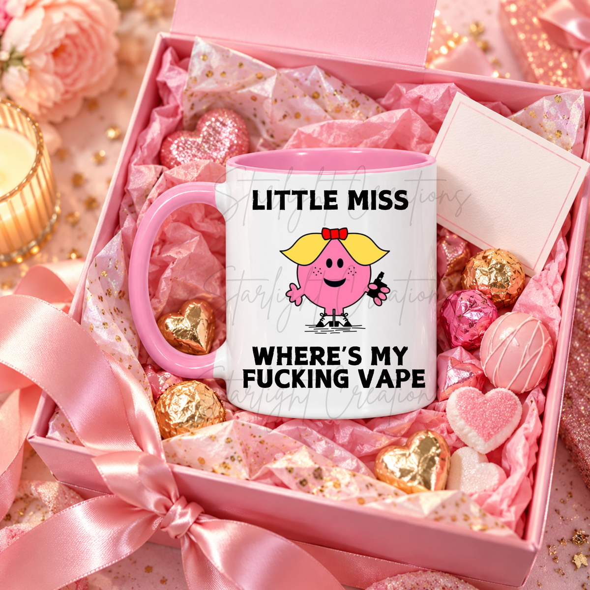 funny christmas mug with where’s my f***ing vape design, pink handle, stocking filler