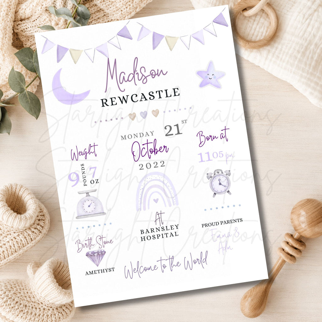 Personalised baby announcement print in purple, new baby gift with name and birth details