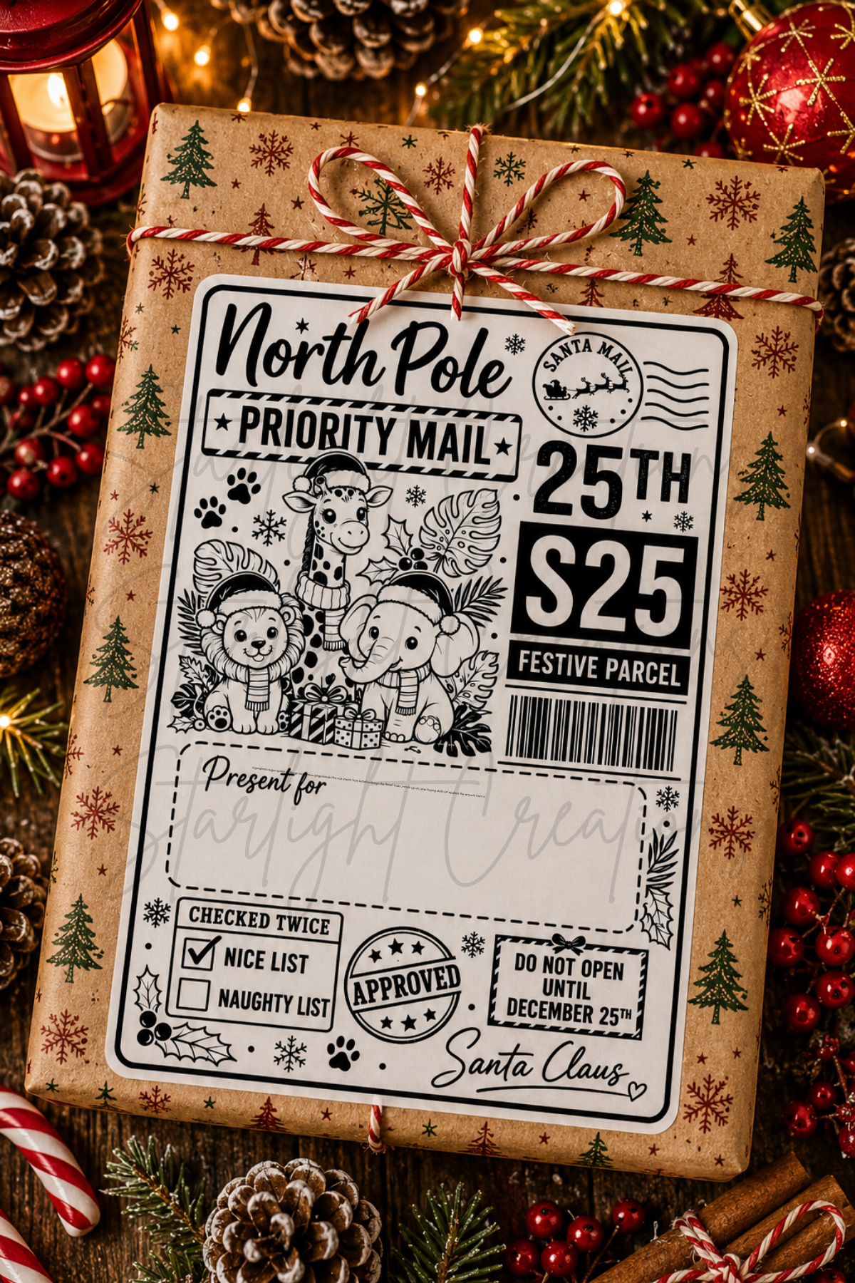 A Christmas-themed North Pole priority mail package wrapped in kraft paper with a red-and-white striped bow. The front features a vintage-style mail label with holiday illustrations, including Santa Claus, an elephant, a reindeer, a reindeer with a star, and Christmas trees.