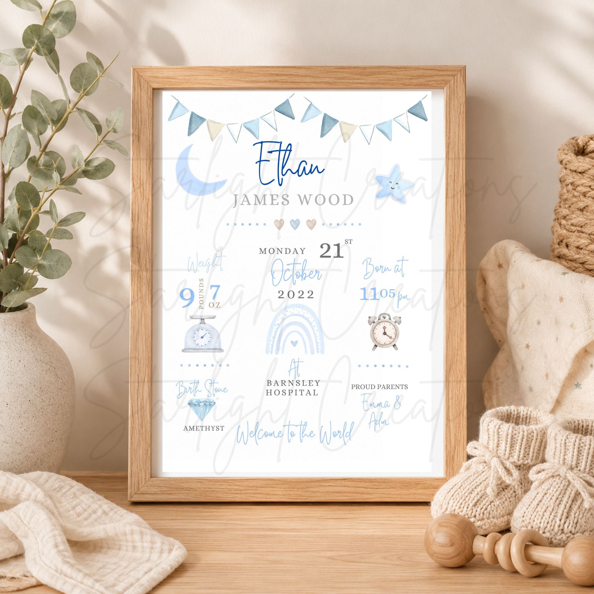 A framed baby shower print featuring a personalized birth design for 'Ethan James Wood' with blue and gray illustrations, styled in a warm, rustic nursery setting with a wooden frame, knit socks, and a vase of greenery.