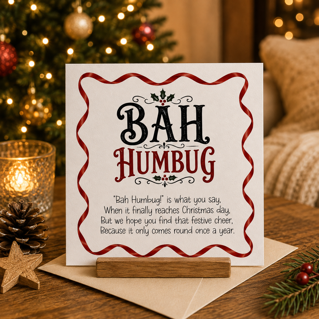 Bah Humbug cheeky Christmas card with holly design, standing on wooden card holder with festive background