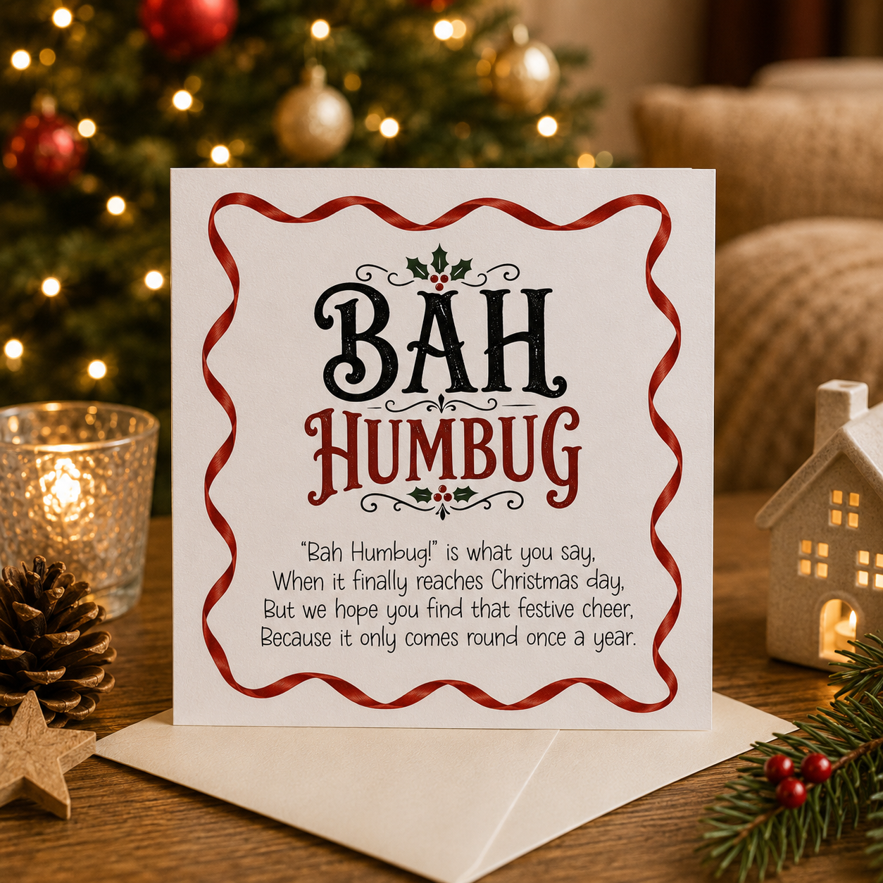 A square white Christmas greeting card with a red wavy border and the words “BAH HUMBUG” in black and red lettering, displayed on a wooden table with a Christmas tree, candle, pinecone, and small house lights in the background.