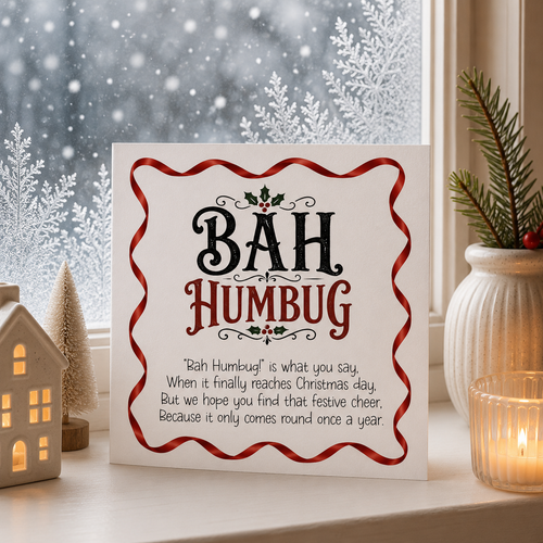 A square white Christmas sign with the phrase “Bah Humbug” in black and red lettering, placed on a windowsill with holiday decor, snowflakes outside, and a warm candle nearby.