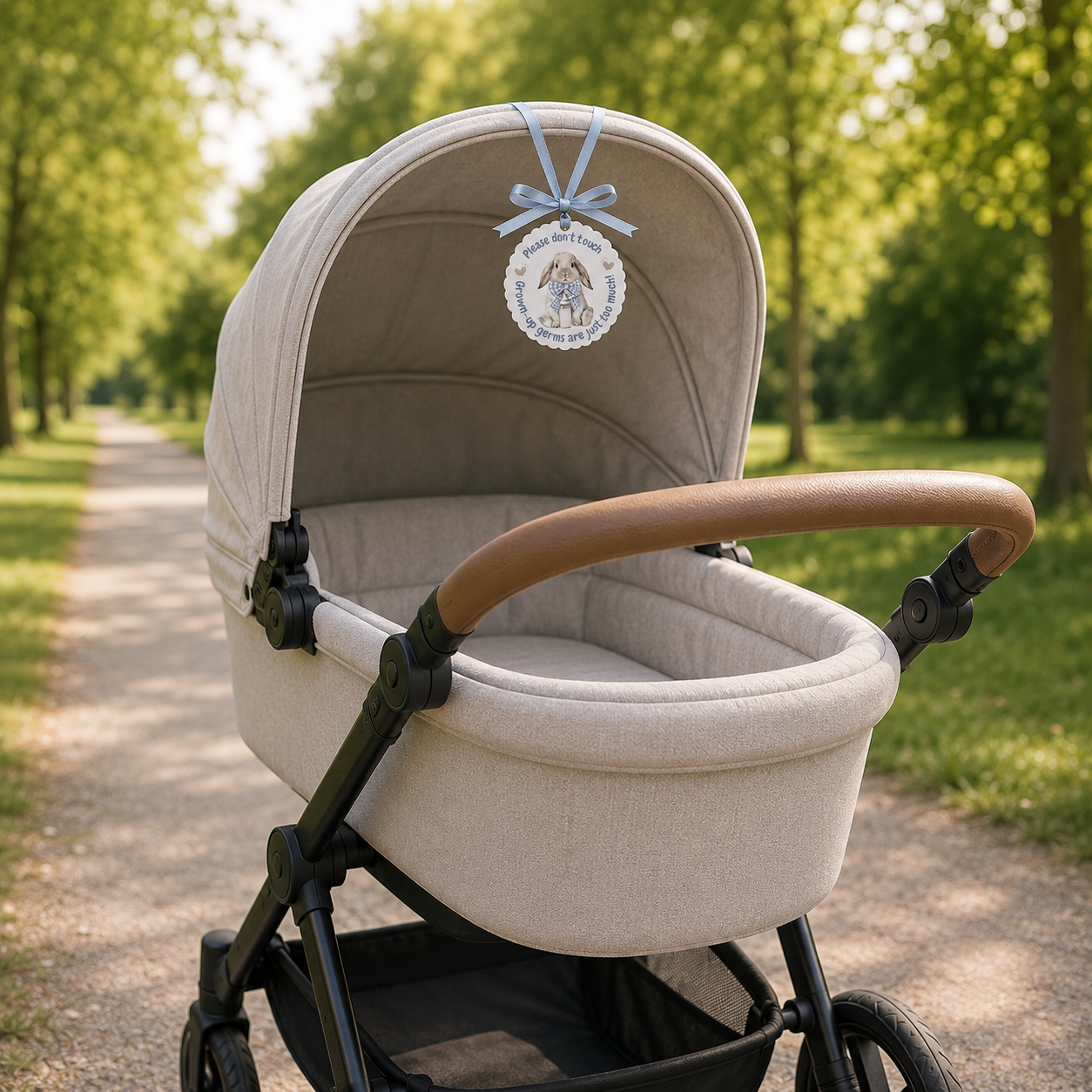 A beige baby stroller bassinet with a light brown wooden handlebar and black frame, parked on a tree-lined path. A round hanging ornament with a blue ribbon bow is attached to the canopy.