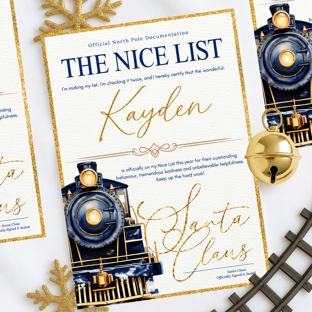 Personalised Nice List certificate with navy blue Christmas train design, signed by Santa Claus