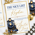 Personalised Nice List certificate with navy blue Christmas train design, signed by Santa Claus