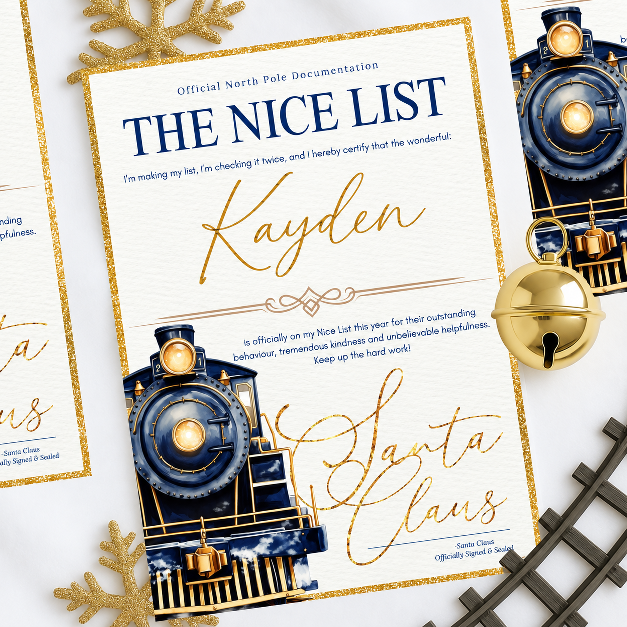 Personalised Nice List certificate with navy blue Christmas train design, signed by Santa Claus