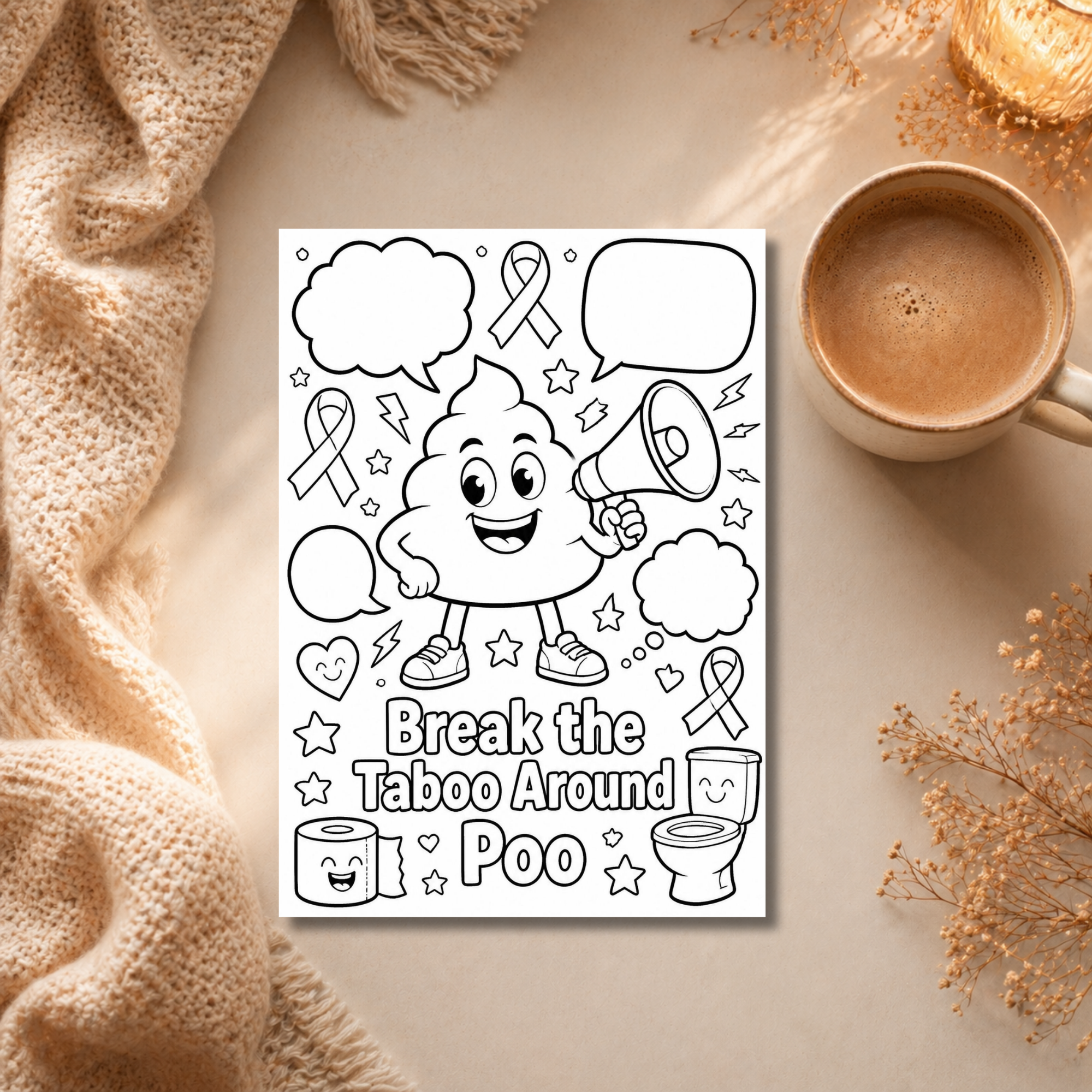 bowel cancer awareness ribbon colouring page with flowers, colouring book for cancer patients