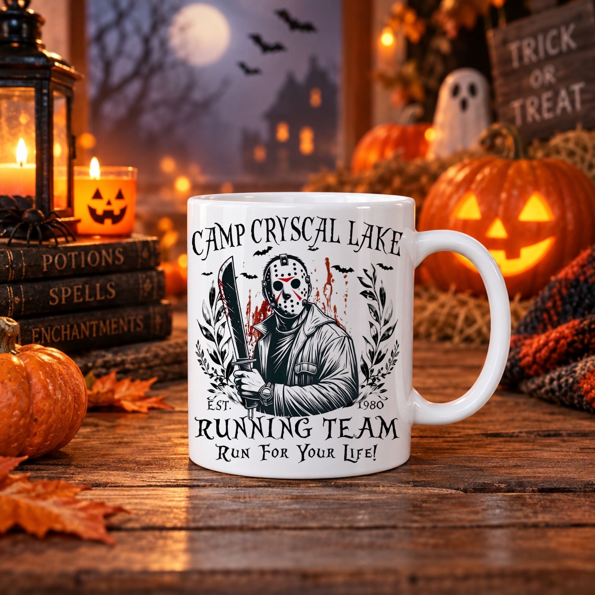 Scary movie mug with hockey mask killer illustration and Camp Crystal Lake Running Team text, halloween mug on white background