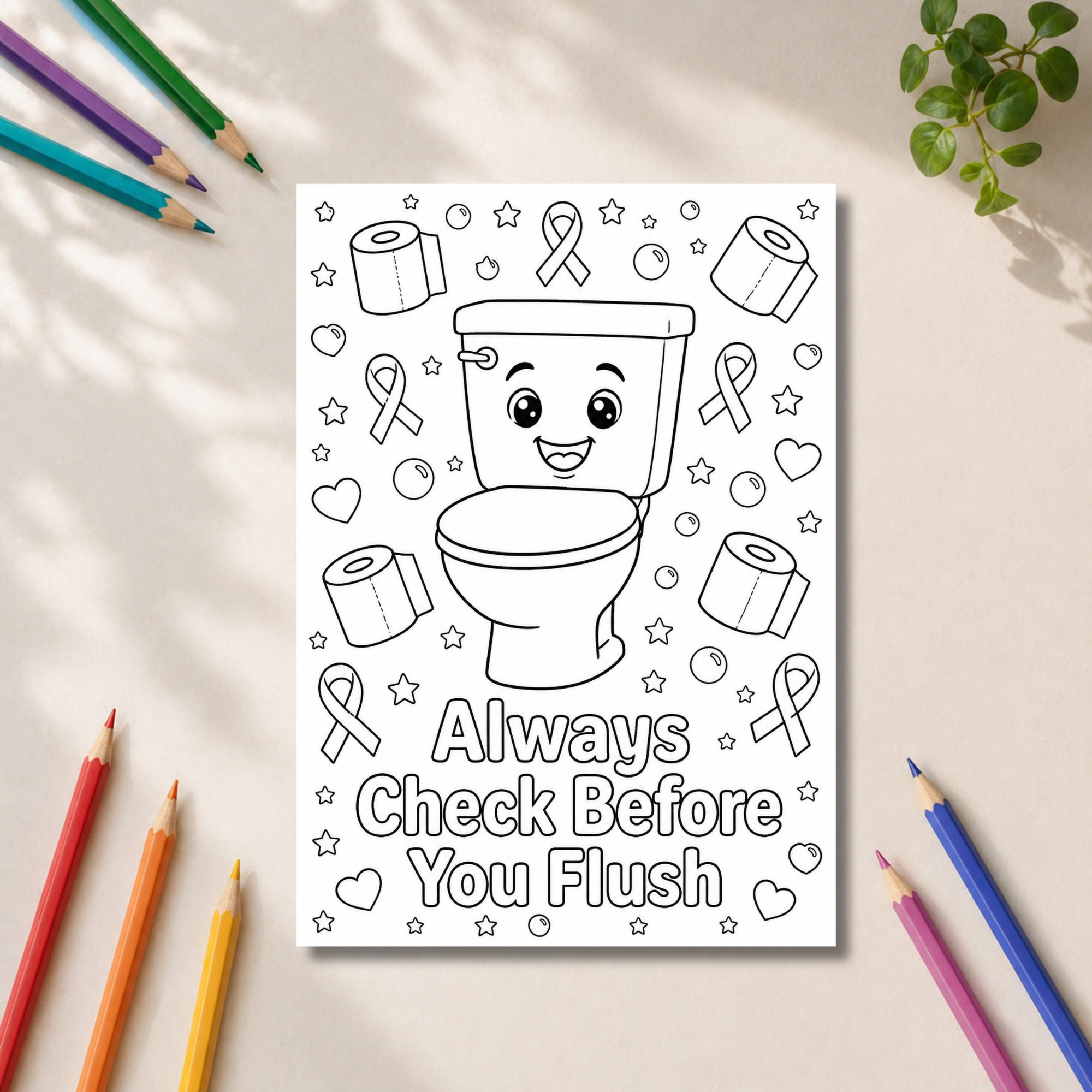 A black and white coloring page featuring a smiling toilet with awareness ribbons, stars, hearts, and the text 'Always Check Before You Flush', styled in a flat-lay on a beige surface with colored pencils and a small plant.