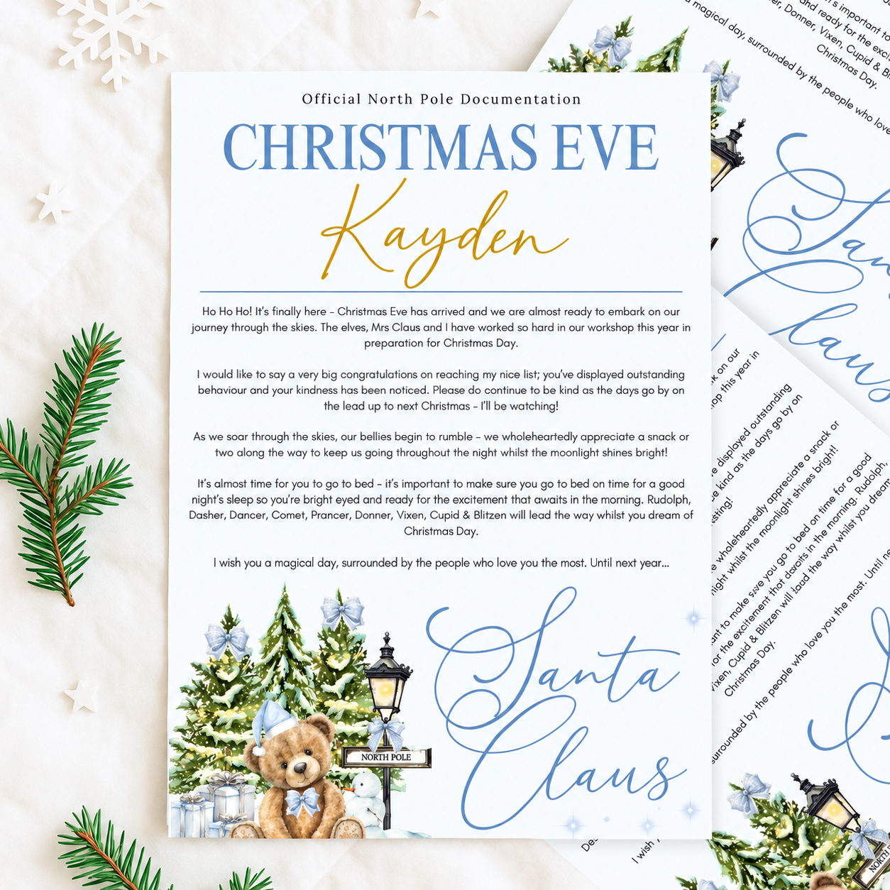 Blue Bear Personalised Christmas Eve Box Certificate | Letter from Santa & Nice List
