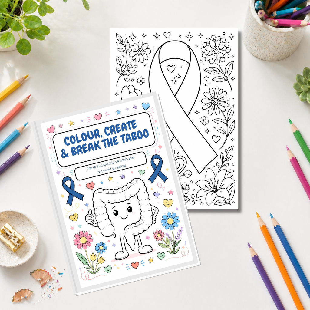 Colour, Create & Break the Taboo bowel cancer awareness colouring book cover with cartoon colon character