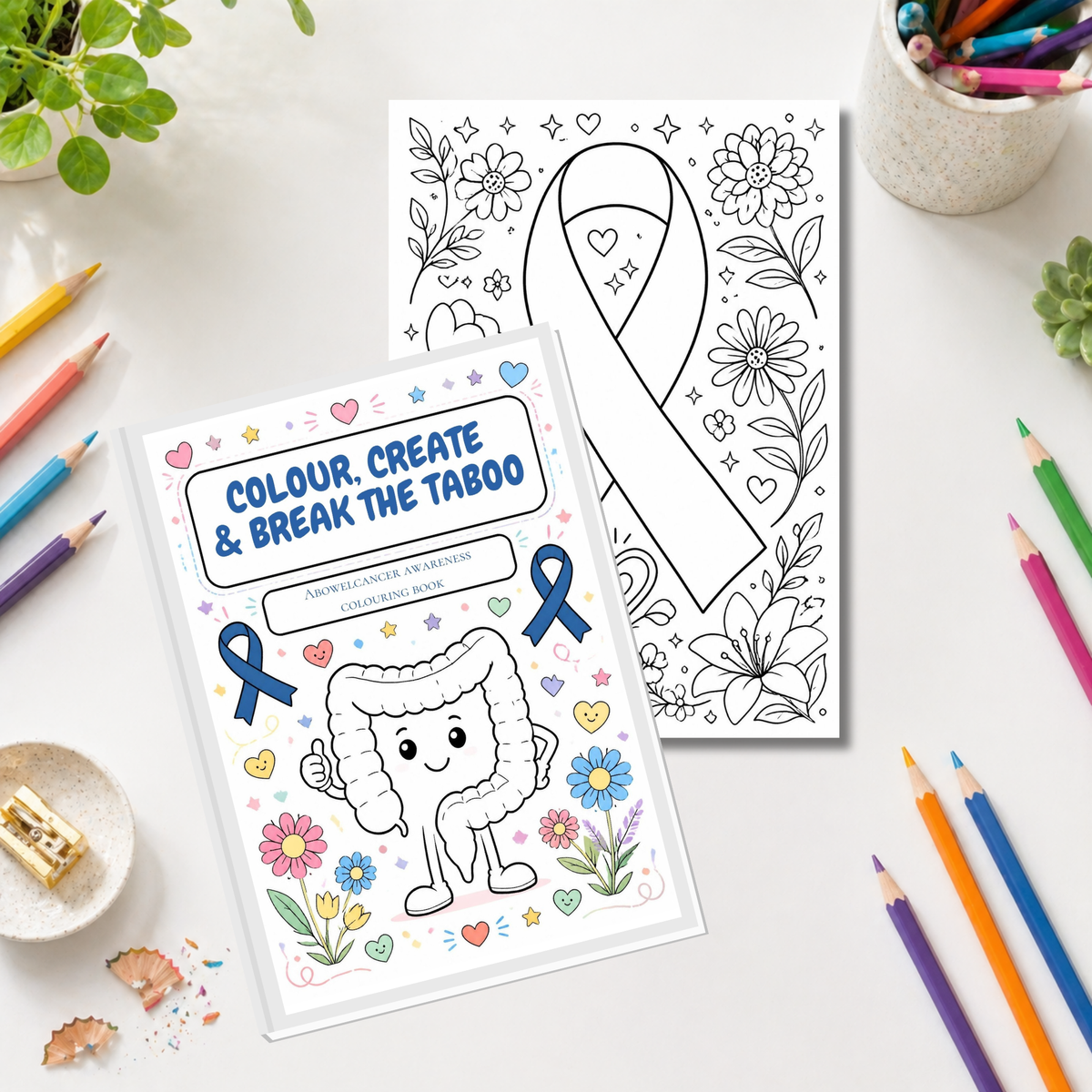 Colour, Create & Break the Taboo bowel cancer awareness colouring book cover with cartoon colon character