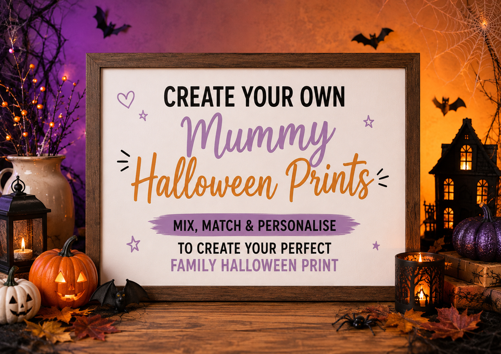 Personalised halloween mummy family print in dark wood frame, surrounded by pumpkins and candles
